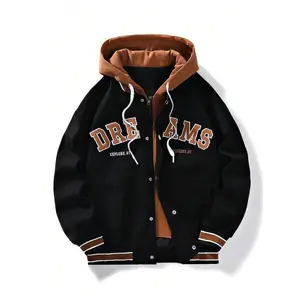 Men's Hooded Drawstring Front Button Letter Print Casual Long Sleeve Jacket & Coat