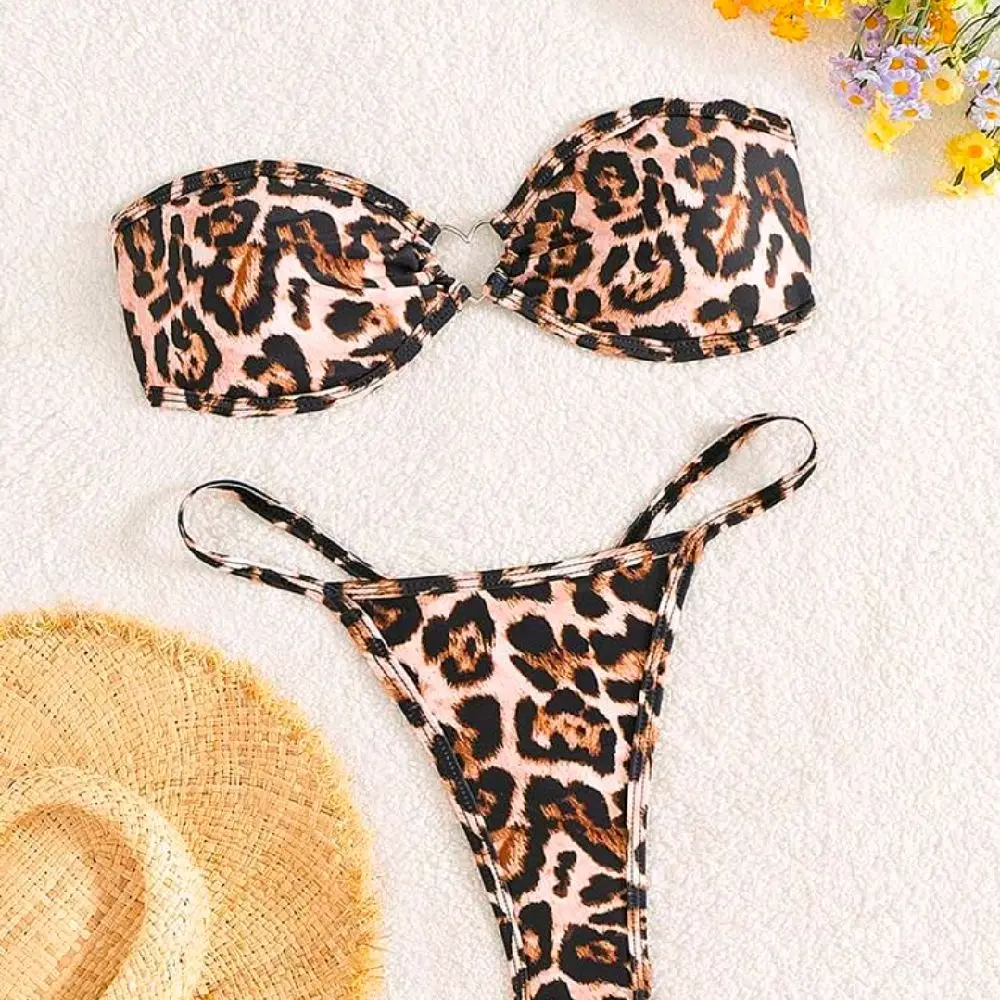 Women's 2 pcs Cheetah Print Bikini Set Summer Beach Wear High Cut Thong Bottoms & Bandeau Top suit