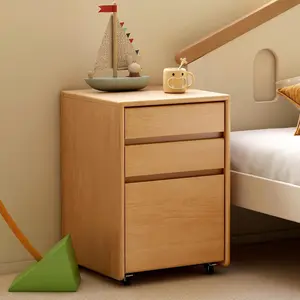 YESWOOD 100% Solid Wood Rolling Nightstand with 3 Drawers, Mobile Under Desk Cabinet with Deep Drawer Storage, Bedside Table End Table Side Cabinet for Bedroom Home Office Study