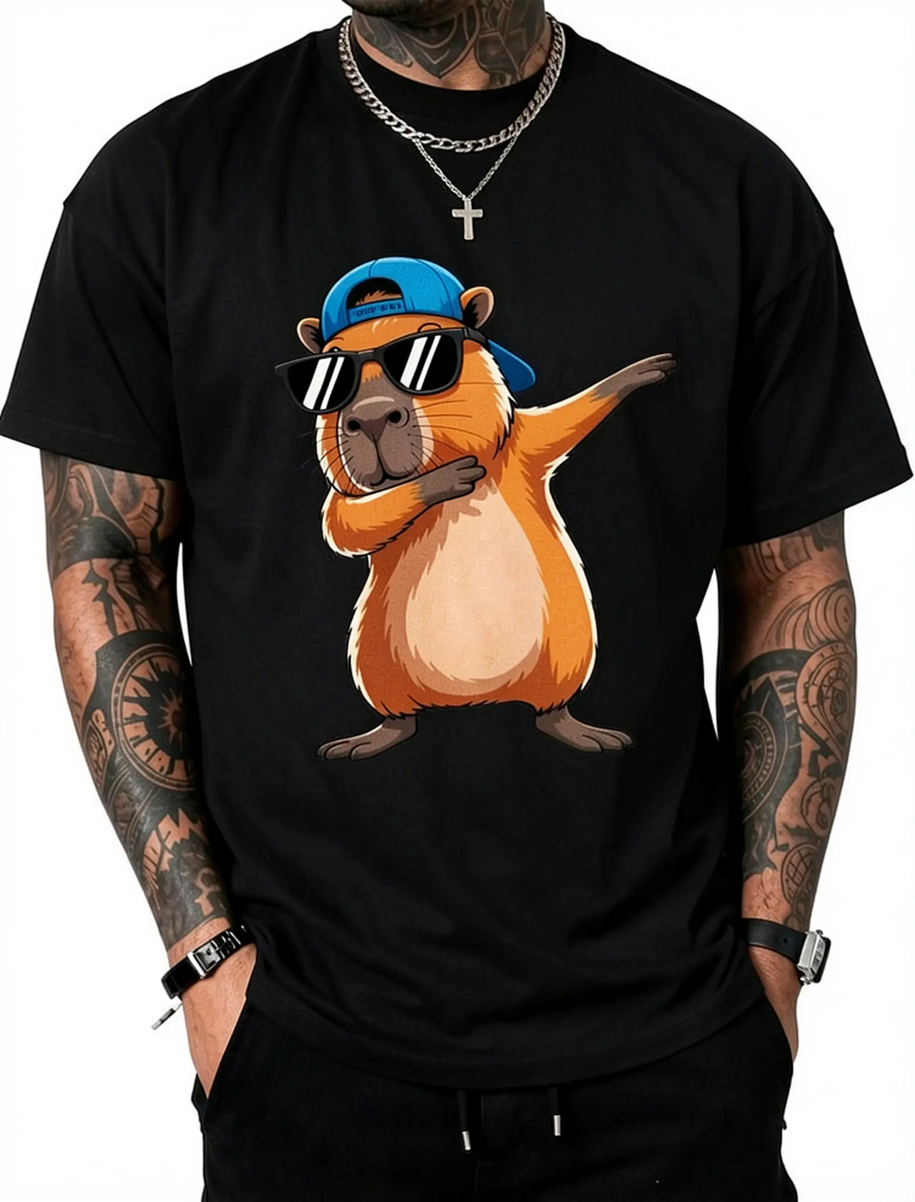 Men's Capybara Graphic T-Shirt with Whimsical Art, 100% Cotton Funny Distressed Style, Ideal Gift for Boys & Youth, Distressed Look, Graphic Print