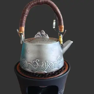 Silver Teapot with Wave-Patterned Handle + Tea Warmer Set