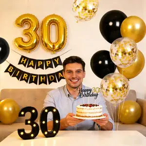 Black Gold 30th Birthday Decorations LED Number Sign Balloon | Happy Birthday Banner Cake Topper Marquee Numbers Party Decor for Men Women