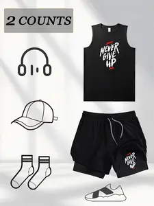 Men's 2-Piece Set "never Give Up" Print, Round Neck Quick-Dry Vest & Drawstring Loose Layered Shorts, Fitness Running Casual Wear, Workout Sets