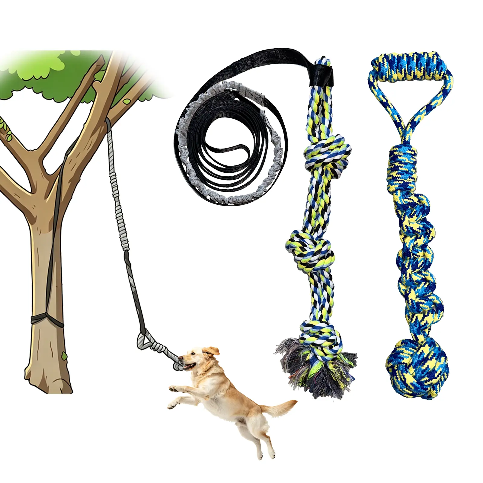 Tree Bungee Tug Toy for Outdoor, Interactive Hanging Tether Rope for Medium Large Dogs, Heavy Duty Spring Pole for Self Play and Exercise, Pull Toy for Yard Chasing with Chew Ball