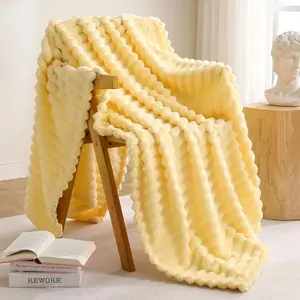 Striped Flannel Fleece Blanket (50x70 inches, Light Yellow) Cozy Throw for Couch Sofa and Bed, Soft Luxurious Warm for Living Room Bedroom
