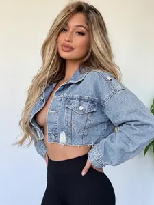Trendy high street women's denim jacket slim fit versatile casual short print jacket black fashionable women's top Cropped Breathable