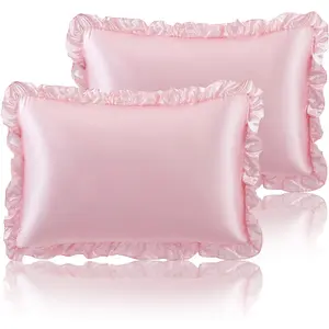 Ruffled Satin Pillowcase Set of 2 Blush  Silky Pillow Cases for Women with Ruffle Pillow Shams and Envelope Closure, Room Decoration