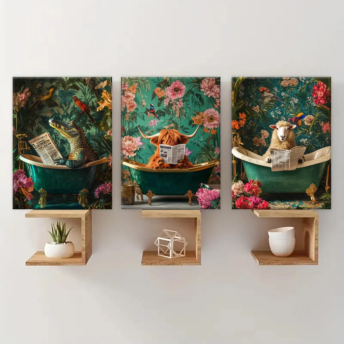 Wooden Framed Canvas Painting, Modern Floral Paintings, 3 Counts/set Tropical Rainforest Background Animal Reading Newspapers Decorative Wall Art, Wall Decor for Home Living Room Bedroom Office, Funny Print Design, Modern Home Decoration, Poster