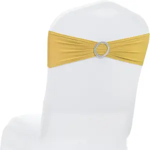 MDS Pack of 10 Spandex Chair Sashes Bow Stretch Chair Cover Band with Slider fits Elastic Dining Chair Ties for Wedding Party Banquet Events Decoration - Gold