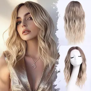Medium Length Ombre Blonde Ash Wavy Wigs for Women 18 Inch Middle Part Wavy Blond Wig Natural Looking Dirty Blonde Synthetic Heat Resistant Fiber Dark Roots Wig for Daily Party Halloween