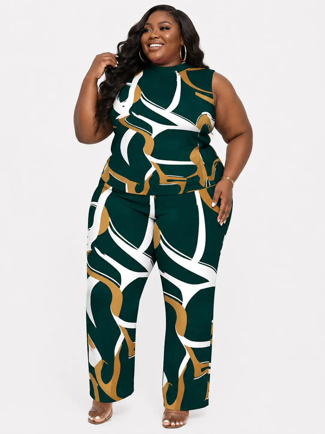 Women's 2-Piece Plus-Size Clothing Set - Sleeveless Mock-Neck Top, High-Waisted Wide-Leg Pants, Deep Green/Printed Options, Stylish Minimalist Comfort Wear for Holidays, Gifts (Pair with Suit Jackets), 2 Piece Sets, Women 2 Piece Sets