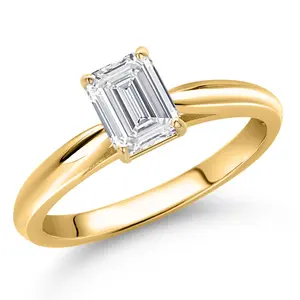 Gem Stone King 10K Yellow Gold Lab Grown Diamond Engagement Ring For Women | 0.65 Cttw | Emerald Cut 6X4MM | Gemstone April Birthstone | DEF Color | VVS-VS Clarity