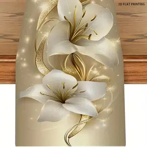 2D flat printing, 1 elegant white lily table flag, linen fabric, suitable for weddings, parties, and home decoration - durable table flag, holiday celebration decoration, dazzling floral design