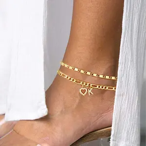 2pcs Ladies' Ankle Bracelet, 14K Gold Plated Initial Ankle Exquisite Heart Shaped Letter Ankle Bracelet Ladies' Layered Gold Ankle A To Z Summer Beach Jewelry