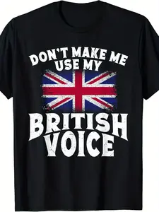 Men'S Vintage British Union Jack Flag Graphic T-Shirt - "Don't Make Me Use My English Voice" Slogan, Union Jack Design, with Print, Regular Fit Round Neck Casual Tee for Casual Attire & UK Pride Events