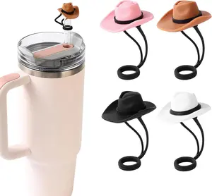 Silicone Cowboy Hat Straw Caps for Stanley Cup 30/40 oz, 4 Pack 10mm Universal Straw Toppers, Reusable BPA-Free Leakproof Tumbler Accessories, Cute Funny Gifts for Cowboy Lovers