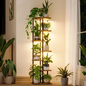 Bamworld Plant Stand with Grow Light for Indoor Plants Corner 7 Tier Metal Plant Shelf Wood Flower Stand for Home Living Room Decor Patio Decor