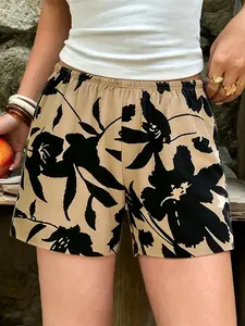 🔥  Beige and black printed wide leg women's shorts | High waist and elastic waist design | Super soft and lightweight | Suitable for beach, vacation, and daily wear ✨ # Summer shorts # floral shorts # TikTok fashion # beachwear