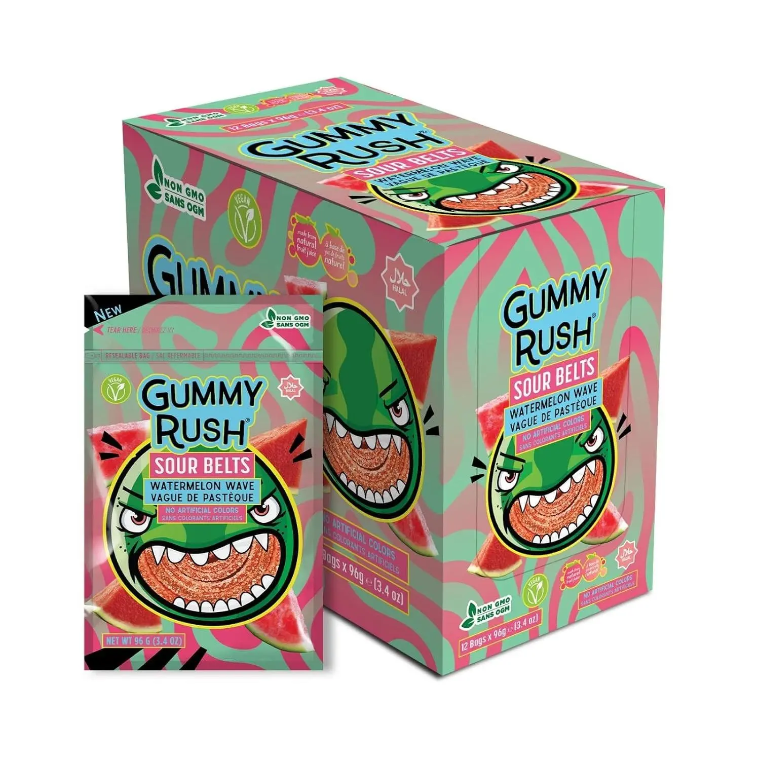 INFIN8Gummy Rush Sour Belts Rainbow Quattro 3.4oz Peg Bag 12ct