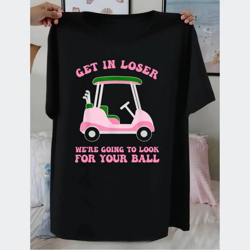 Men's Funny Pink Lettered "Get In Loser" Golf Tshirt - Cotton Short Sleeve Menswear Top with Collars, Unisex Golf Cart Apparel, Shortsleeve, Casual, Fabric, Classic, Streetwear, Tapered, Smooth, Print, Ribbed, Heat Transfer