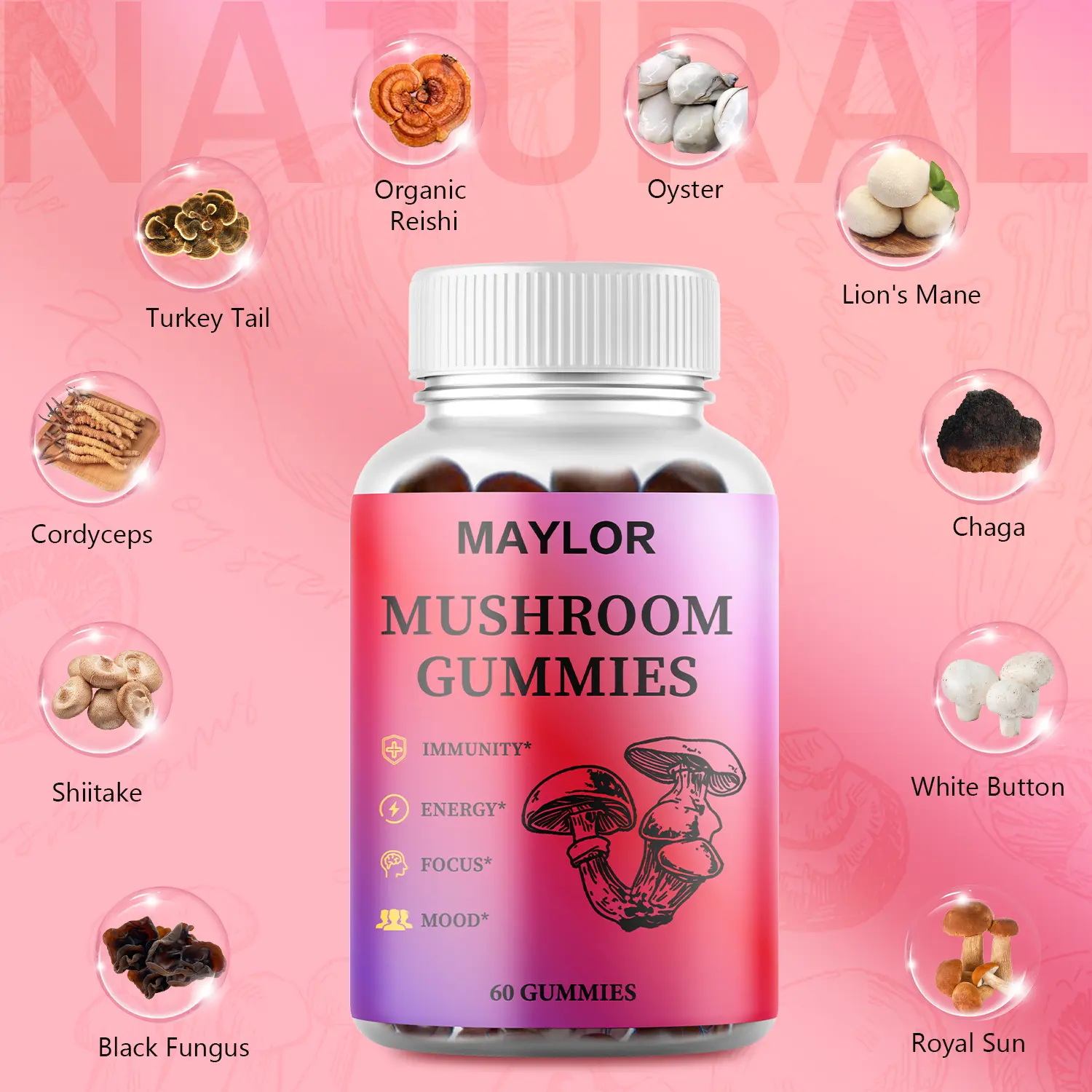 MAYLOR 12-in-1 Organic Natural Mushroom Supplement Gummies - Raspberry Flavor, Lions Mane, Turkey Tail, Reishi, Cordyceps, Immune Boosters, Energy Support - Non-GMO, 60-Count Chewable Dietary Supplement,summerwins