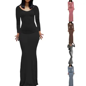 Women´s Casual Dress Solid Color Long Sleeve Round Neck Slim Fit Home Long Dress