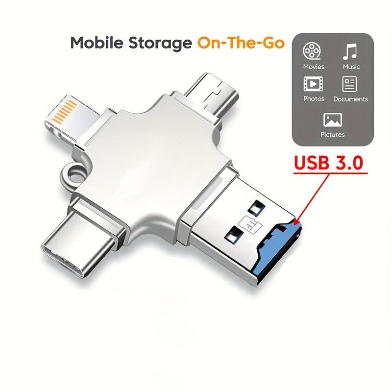 4-in-1 USB 3.0 OTG Adapter with SD/TF Card Reader, Type-C & Lightning Ports - Multifunctional Mobile Storage for iPhone iPad Android Phones, Transfer Files Across Devices