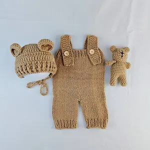 3pcs Hand-Woven Bear & Bunny Newborn Photography Outfit - Shorts, Hat, Romper Set for Baby Boys & Girls, Polyester Fiber, Perfect Souvenir Gift, Newborn Clothing |   Playful Design |   Durable Polyester, Baby Clothes
