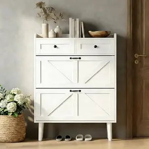 Loftiage Shoe Cabinet with 2 Flip Drawers & 2 Drawers, Narrow Shoe Storage Cabinet, Freestanding Hidden Shoe Rack Cabinet for Entryway, Living Room, Front Door, Behind Door, White