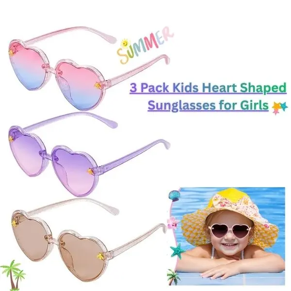 3 Pack Kids Heart Shaped Sunglasses for Girls Ages 3-10, Cute Bee Design Toddler Sunglasses, UV400 Protection Outdoor Beach Summer Eyewear