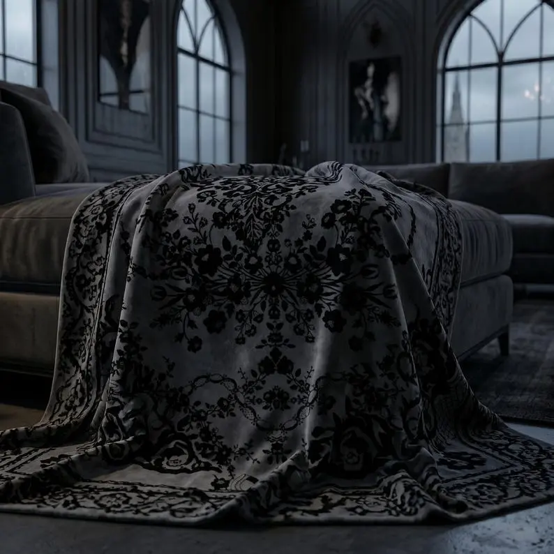Vintage Skull Floral Pattern Brushed Woven Flannel Blanket, Large Size Soft Lightweight Warm Throw, Multi-Purpose Sofa Cover, Wall & Front Door Hanging Tapestry, Unique Gothic Gift for Parents and Friends.