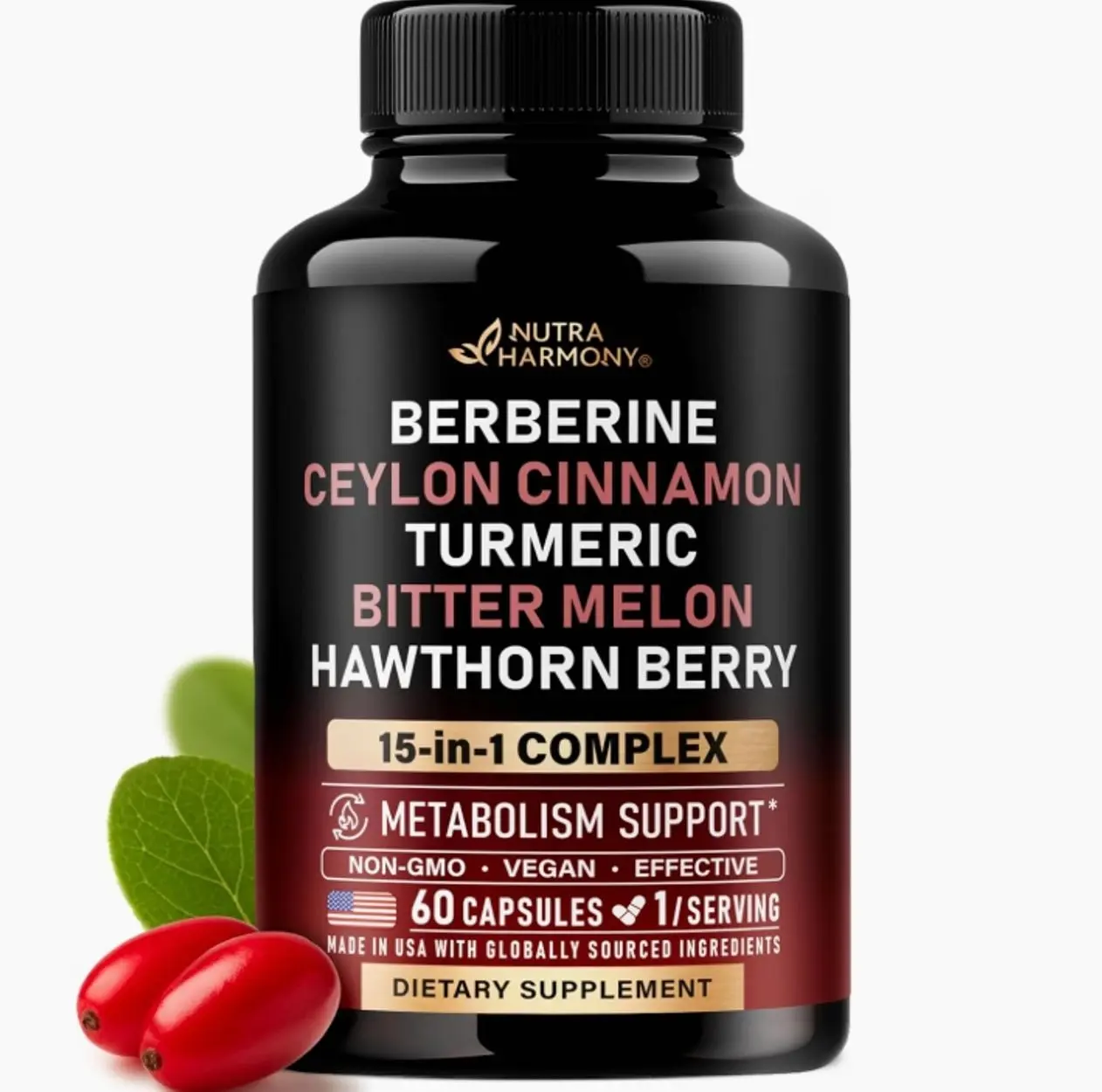 Berberine with Ceylon Cinnamon | Bitter Melon (Karela) | Apple Cider Vinegar | Hawthorn Berry | Citrus Bergamot | Turmeric - 15-in-1 Supplement for Heart Support, Metabolism & Energy - 60 Capsules