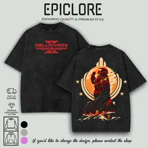 Helldivers 2 Fan-Art 2 Sided Printed Oversized T-Shirt for Men, Gym Vintage Heavyweight Cotton Tee, Acid Wash Baggy Shirt, Comfortable Everyday Wear, Valentine’s Day Gift