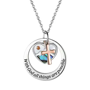 Mustard Seed Cross Mountain Necklace for Women, Abalone Shell Layered Pendant with Engraved “With God All Things Are Possible”, Stainless Steel Christian Faith Inspirational Gift, Silver Tone, Includes 5 Cards + 1 Balloon