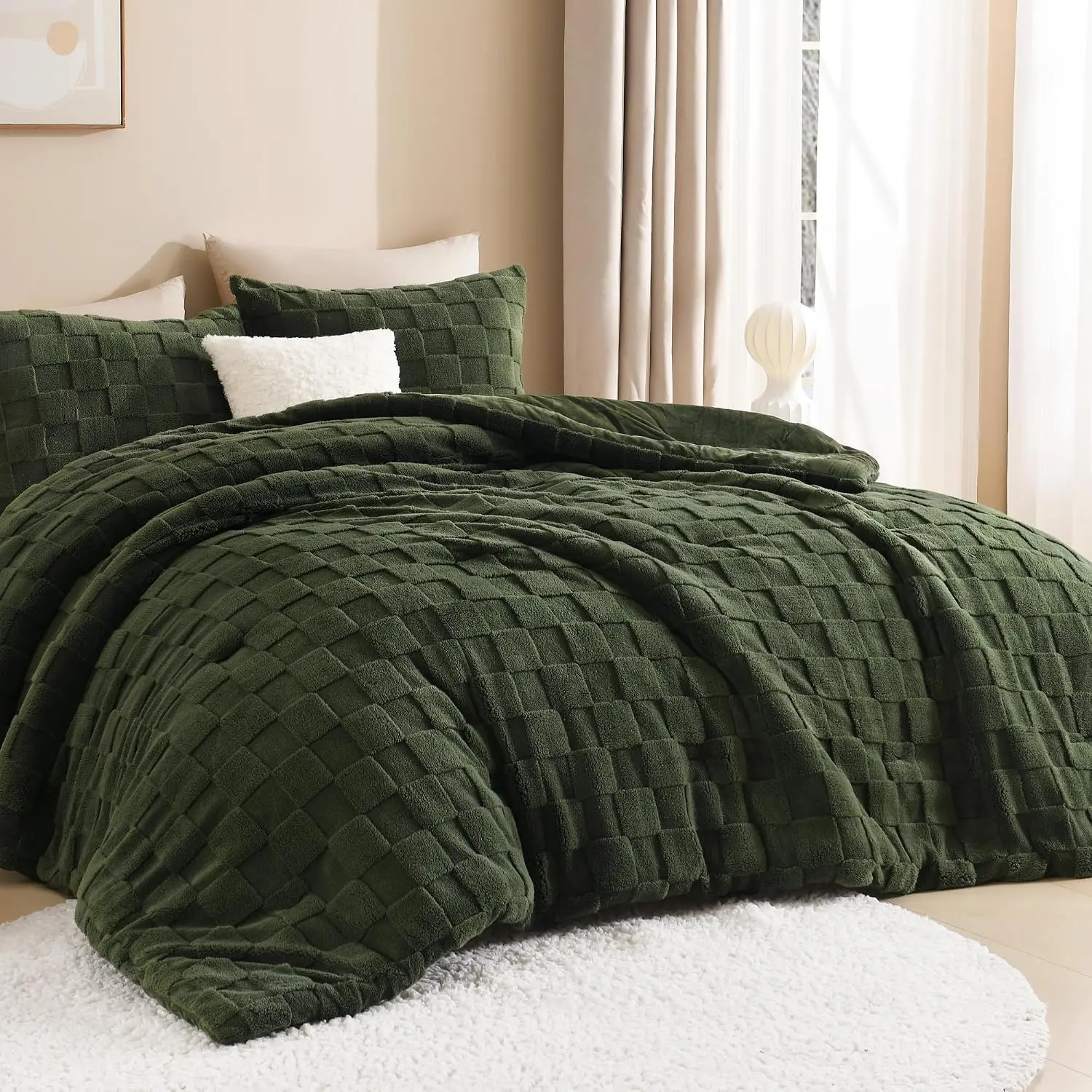Litanika 3-Piece Fluffy Sherpa Jacquard Checkered Comforter Set - 100% Polyester, 1 Comforter with 2 Pillowcases, Warm Fuzzy Winter Bedding Set