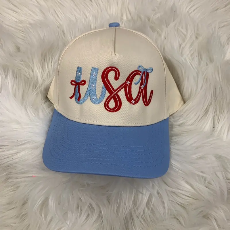 Tan/blue USA Embroidered Hat