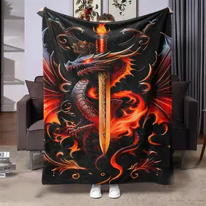 Dragon & Sword Pattern Blanket, 1 Count Soft Throw Blanket, Air-conditioned Room Blanket, Warm Nap Blanket for Home Office Travel Camping, Beds Couches Throw