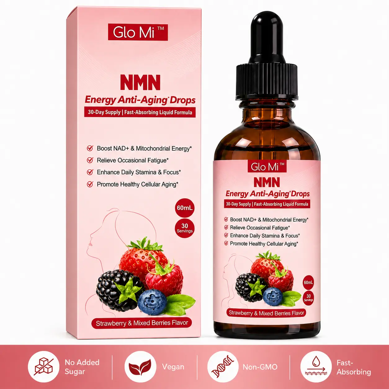 Glo Mi NMN Liquid Drops Vitamin Dietary Supp. for Adults - 500mg NMN Multi-Vitamin Blend with AKG, TMG, Trans-Resveratrol, CoQ10, PQQ - Prop 65 Safe, 60mL, 30 Servings, Strawberry & Mixed Berries Flavor, Supports Cellular Energy & Antioxidant Wellness