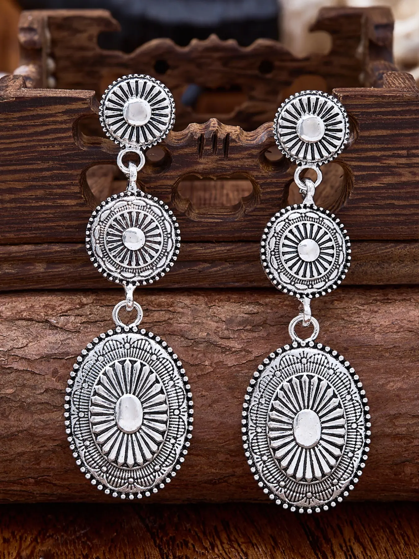 Vintage Bohemian Western Style Cowgirl Boho Earrings, Metal Alloy Geometric Patchwork Design, Unique Dangle Earrings for Women, Trendy Jewelry