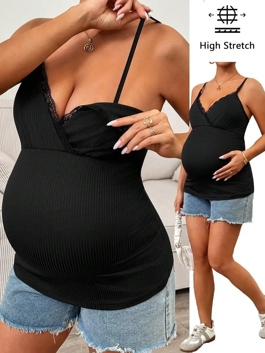 Stride x Maternity Solid Color Contrast Lace Ribbed Camisole