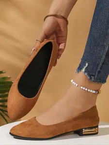 Women's Fashionable Suede Flat Shoes, Casual Comfortable Square - Toe Flats, Female All - match Low - Heel Footwear for Daily & Office Wear, Girl, Gold - Trimmed Slip - On Dress Shoes