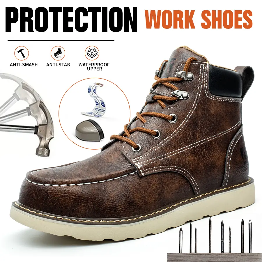 YRTKCLB Men's Retro Leather Mix Lace-Up Round Toe Steel Toe Work Boots - Impact-Resistant, Puncture-Resistant Safety Footwear for Workers, Construction Sites