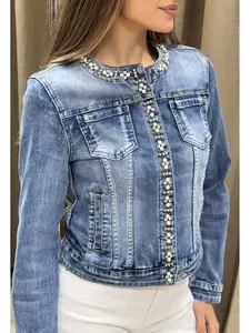 Women's Pearl And Rhinestone Embellished Short Denim Jacket, Medium Stretch Fabric, Crew Neck Heavy Handmade Beaded Denim Jacket Top