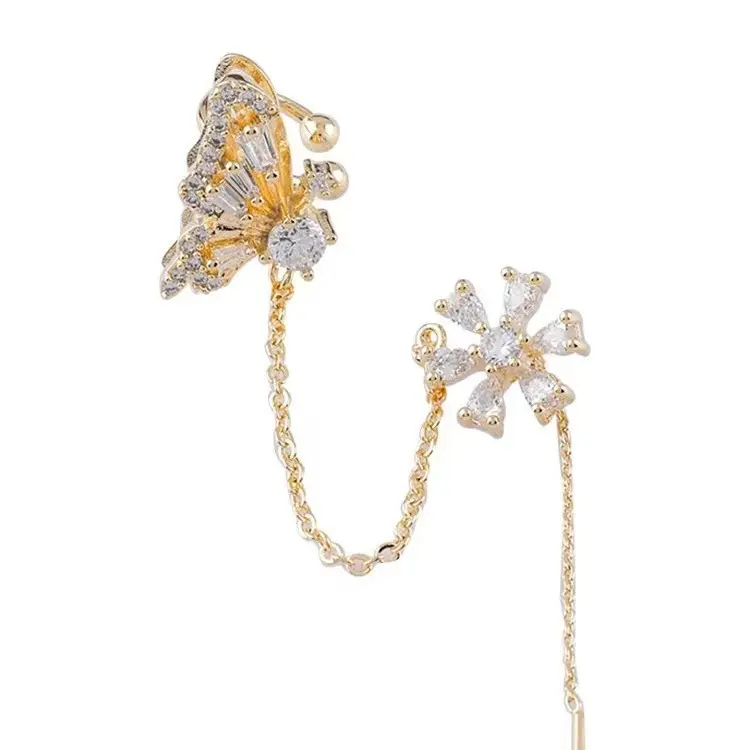 Butterfly Flower Ear Cuff with Chain-Trendy Dangle Ear Jacket for Women, Sparkly Zirconia Clip-On Earrings, Non-Pierced Cartilage Earring, Gold Silver Two-Tone Fashion Jewelry(lift)