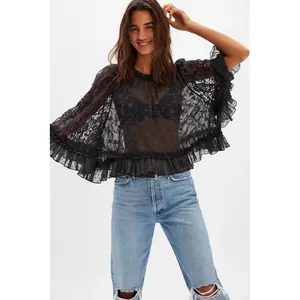 Women Sheer Poncho Tops Oversized Batwing Sleeve Blouse Contrast Lace See Through Mesh Cover Up Ruffle Flowy Boho Shirt, Black Lace Shirt