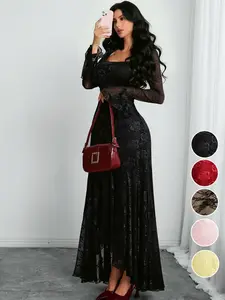 Women's Gothic Dark Square Neck Long Sleeve Mesh Patchwork Elegant Asymmetrical Dress, Stylish and Unique Design for Special Occasions