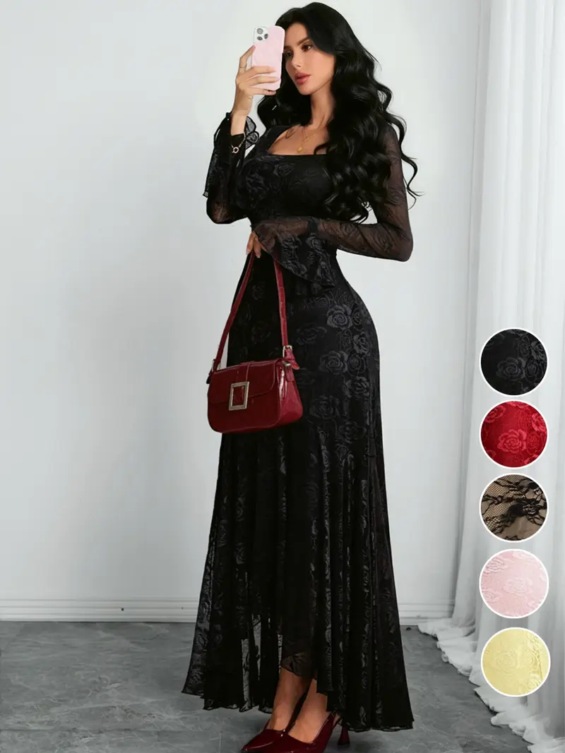 knee length dresses for ladies Elegant Black Sexy Mesh High-Neck Long Sleeve Bodycon Dress for Women main image 1