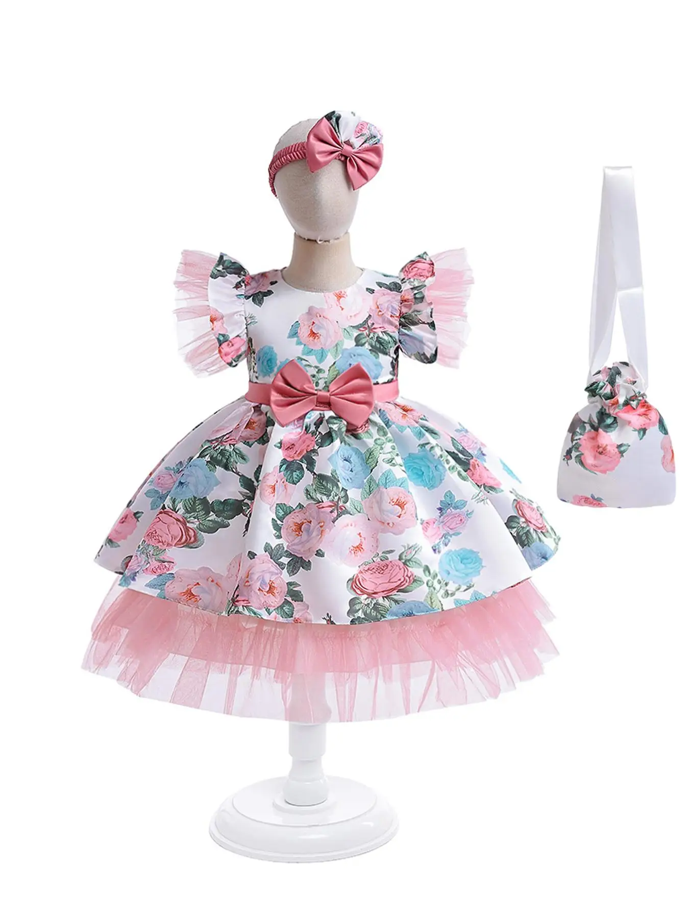Girl's Floral Print Dress with Crossbody Bag & Hairband, Elegant Dress for Party Holiday Wedding Guest, Kids Clothes for All Seasons