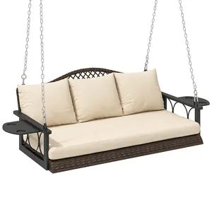 Outsunny 3 Person Wicker Porch Swing Chair Heavy Duty 800 LBS with Cup Holder, 57 Inch Outdoor Rattan Patio Hanging Swing Bench with Cushions and Chains for Garden, Backyard, Natural Wood