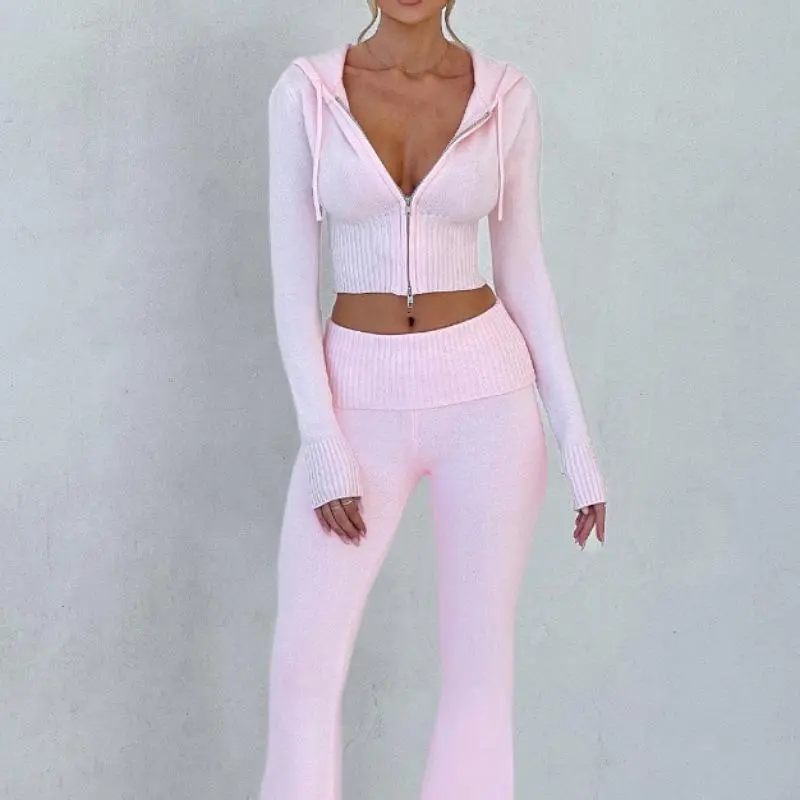 2 Piece Knit Sets Women's Trendy Slim Fit Hooded Sweatsuit, Stylish, Everyday, Everyday, Outdoor, Casual, Chic, Lightweight, Easy Wear, Outfit Set, Fashion, Seasonless, Ensemble, Classy, Adjustable, Cozy